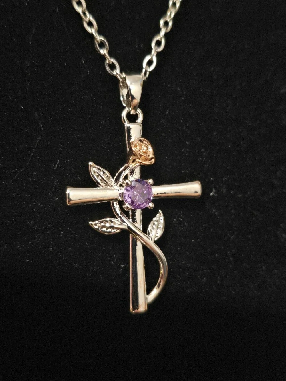 Purple Crystal Rose Cross Necklace Pendant Two-Tone Religious Women Jewelry Gift